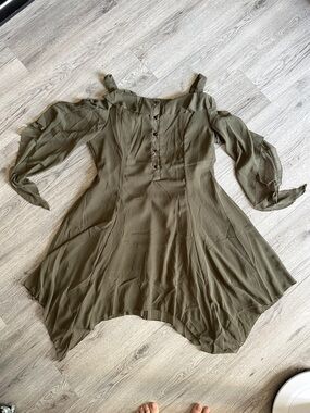 Olive Off-Shoulder Handkerchief Hem Dress with Sheer Flare Sleeves